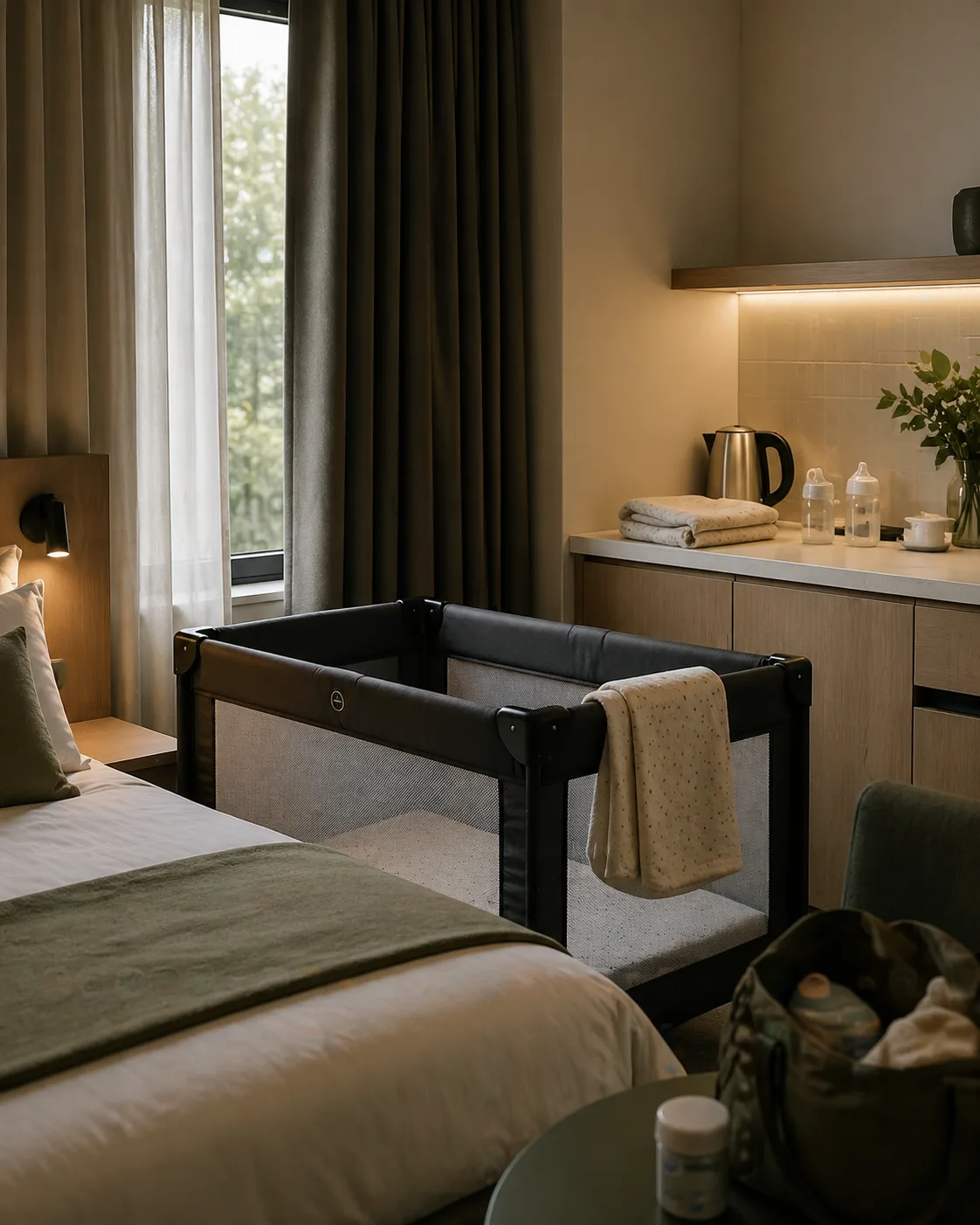 A hotel room set up with a cot and bottle prep area