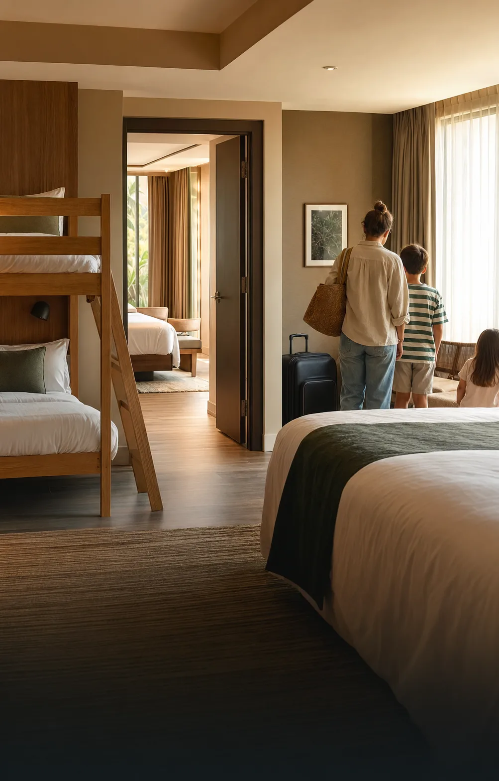 A hotel family suite with bunks and a connecting room